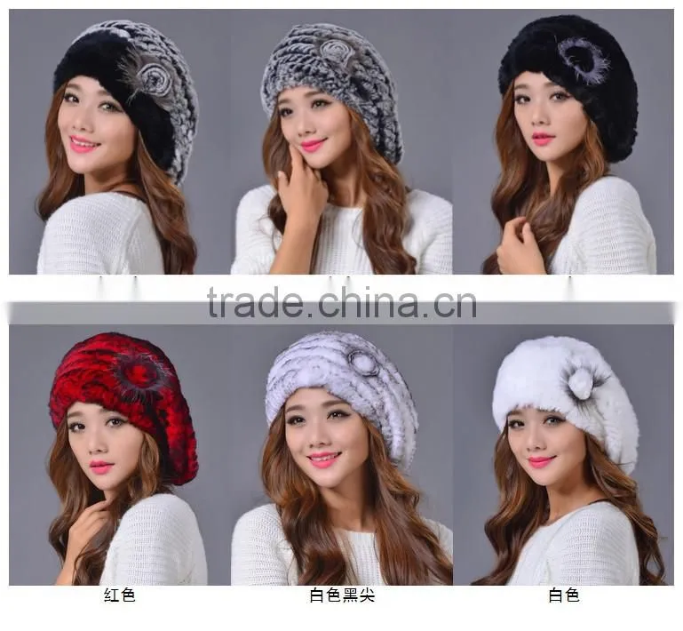 2016 New Genuine Rex Rabbit Fur Hat Knitted Rabbit Fur Cap Real Rabbit Fur Headwear Winter Warm Womens Hat