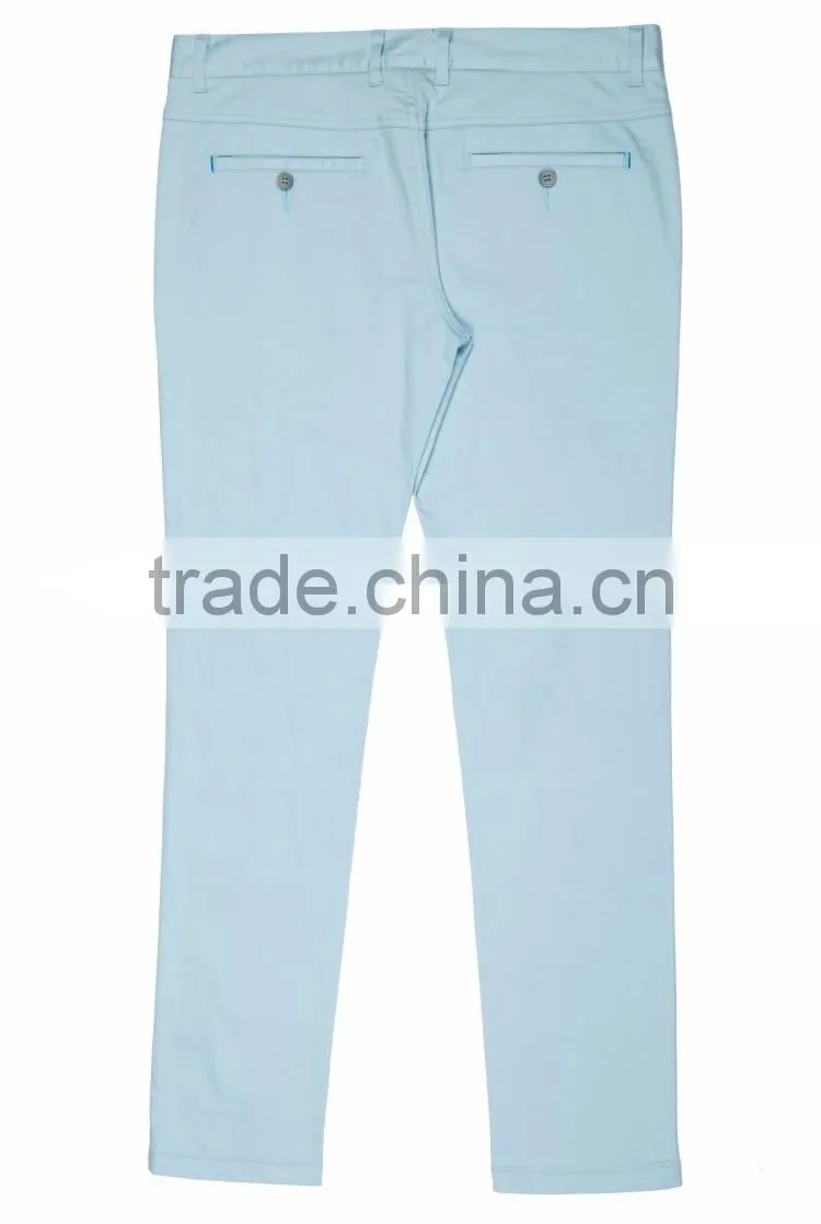 Contrast color bartack light blue slim fit casual mens baggy pants with high quality button