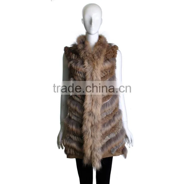 YR646 Stylish Real Rabbit Knit and Raccoon Fur Waistcoat Euro Long Fur Gilet