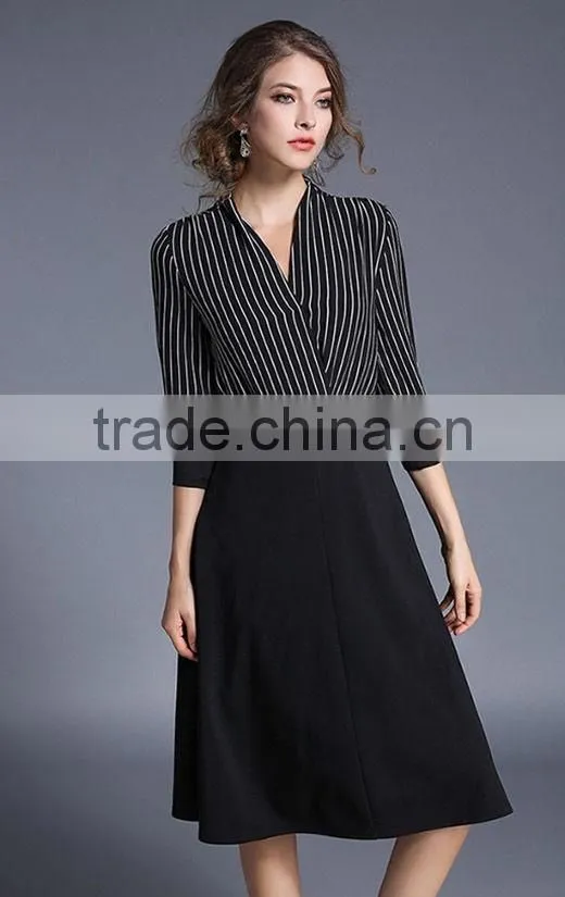 Fashion Women V Neck Vertical Stripes Office Dress Korean OL Belted Midi Dress
