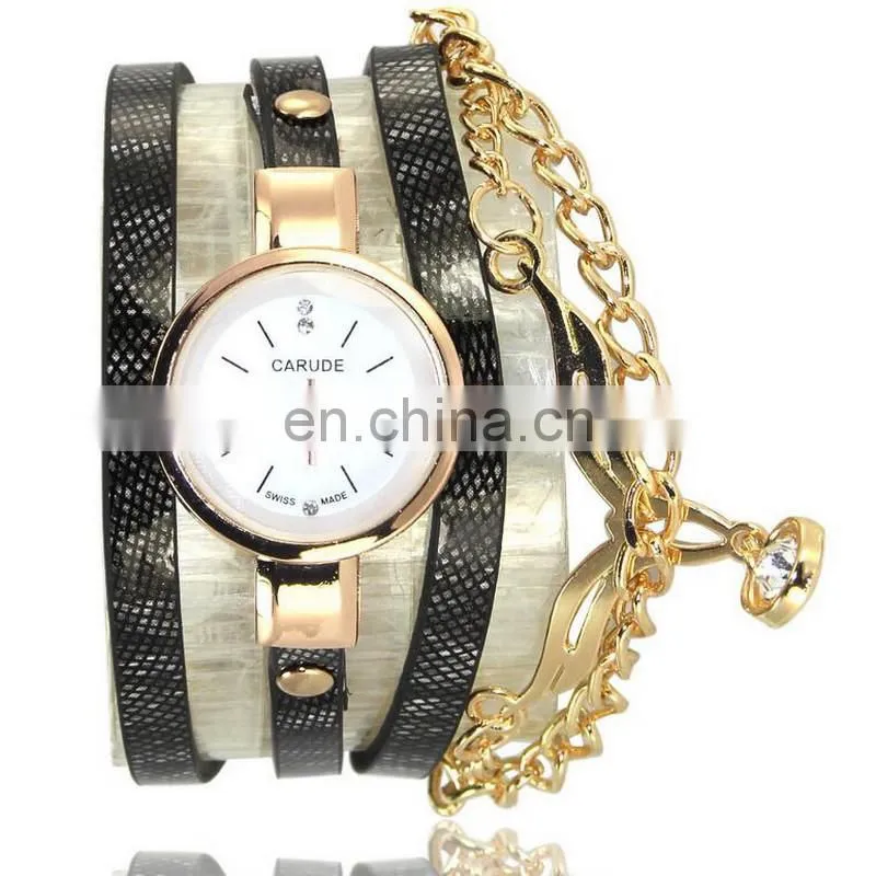 Rhombus Design Leather Charms Chain 3 Rolls Wrap Leather Bracelet Watch