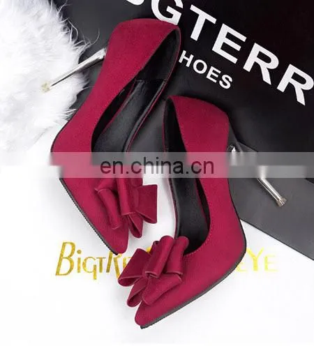 2015 New Office Ladies Red/Green/Black Color Shallow Mouth Bow Pointed Plus Size High Heel Shoes Fashion Suede Heels