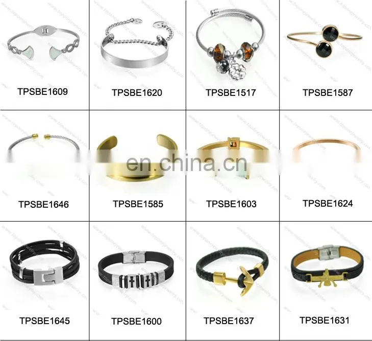Stainless steel and black PU leather bangle bracelets for men 2017