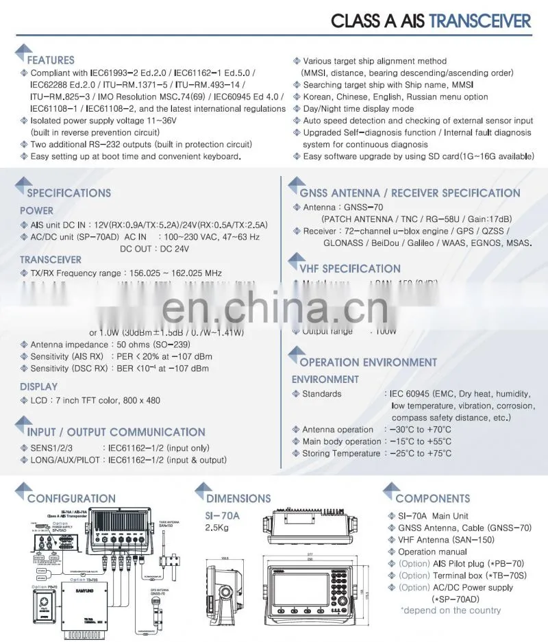Marine electronics navigation communication collision avoidance SAMYUNG SI-70A 7'' AUTOMATIC IDENTIFICATION SYSTEM CLASS A AIS