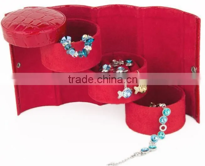 3 Tier Compartment Mini leather Travel Roll Up Jewelry Box Case Organizer Holder with Snap Closure