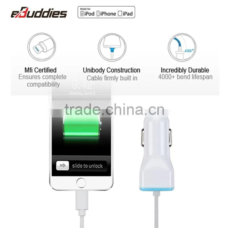 Built-in with MFi Charging Cable car charger for iPhone 6 6s 5 for Samsung