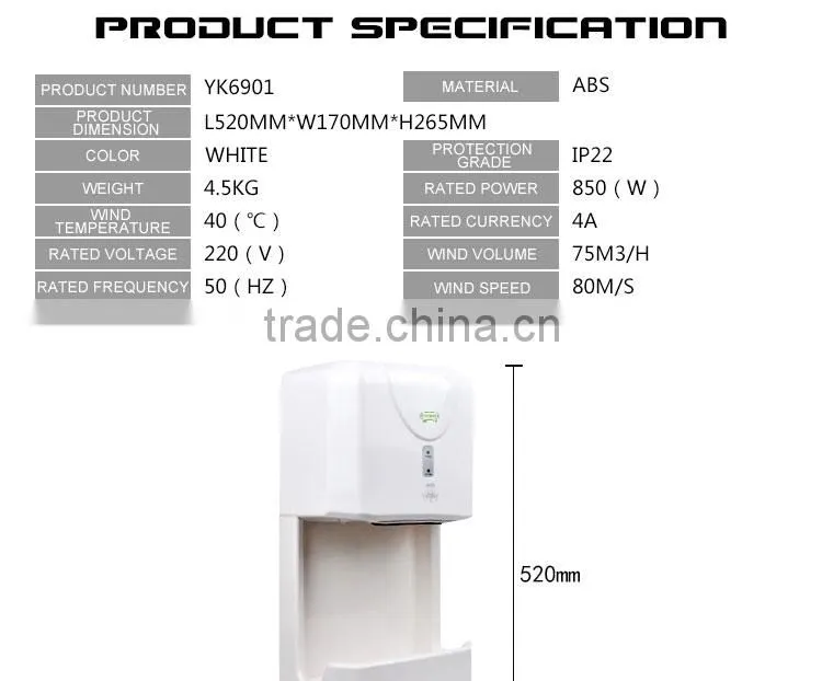 Factory wholesale CE CCC ROHS high quality 850W automatic hand dryer toilet wall mounted YK6901