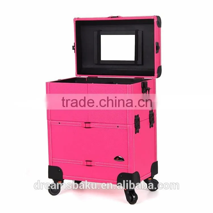 Beauty Design 4 Wheels Functional portable rolling Makeup case with drawers