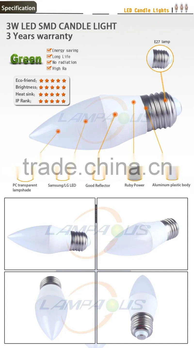 Epistar Chip with amazing price C37 smd plastic alu super bright 3w e14 e27 candle led light