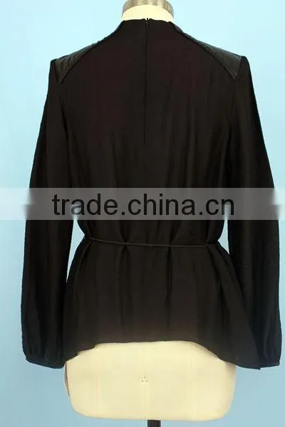 2016 women wear beaded shoulder chiffon long sleeve blouse tops blouse with waistband