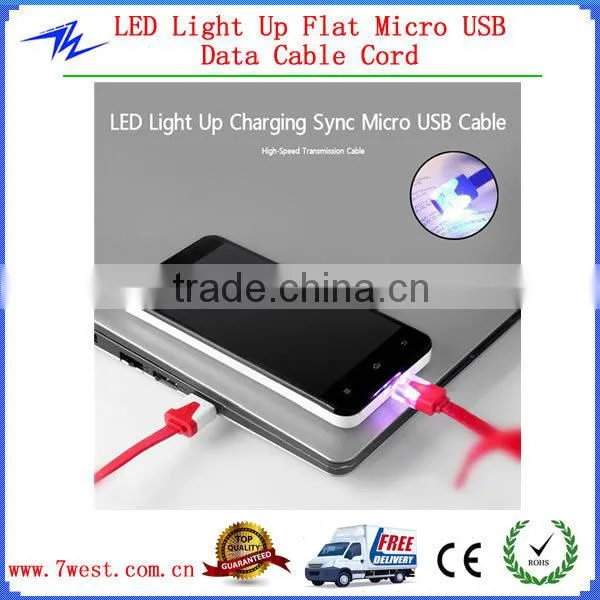 2014 New Products Flat Micro USB Data Charger Cable with LED light for HTC Nokia Samsung Galaxy s4/s5