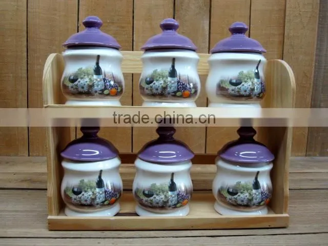 Ceramic Material 6 PCs Kitchen Canisters Set with Bamboo Stand