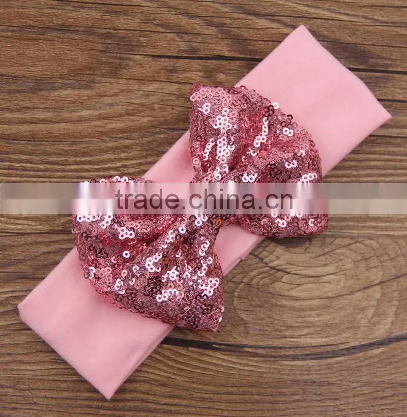 Wholesale Baby New Solid cotton headband with sequin hair bow,sparkle knitted headwraps hair bow
