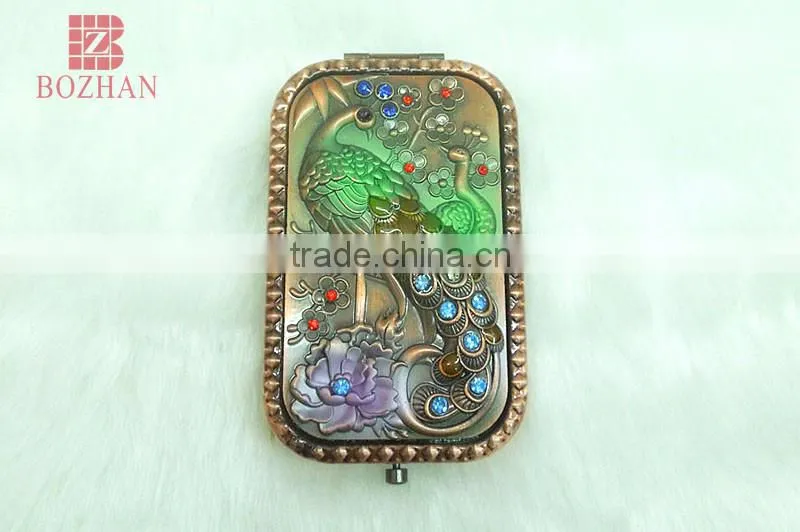 Metal souvenir peafowl rhinestone mirror/antique peafowl makeup mirror/promotional gift peafowl compact mirror