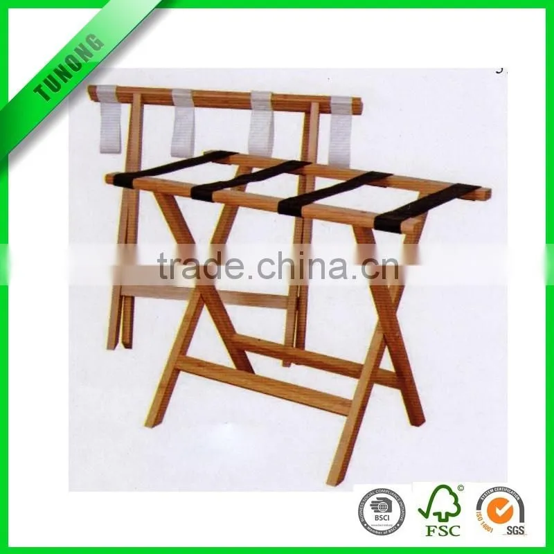 Popular sale hotel bamboo luggage rack with Nylon belt