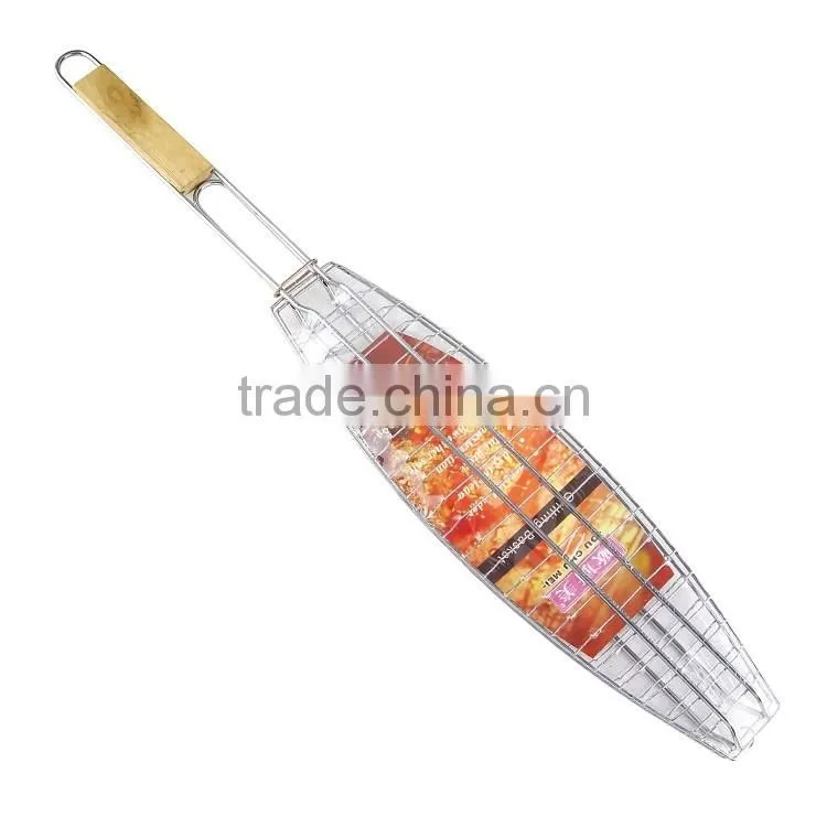 Made in China steel round bbq wire grill rack with wooden handle