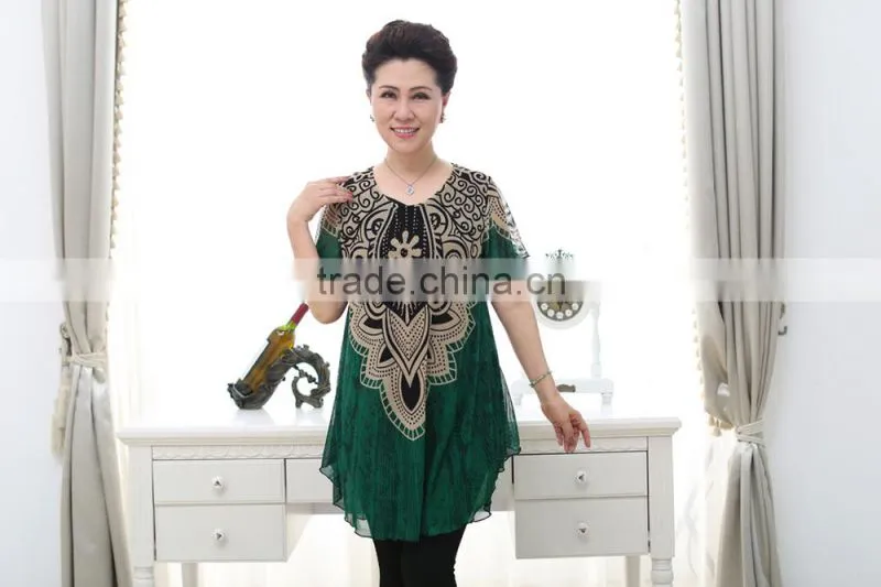 Elegant lace formal short sleeve printed floral loose blouses for old ladies