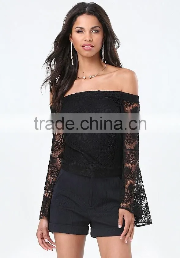 Clothes woman fashion long bell sleeve off-shoulder lace blouse black for wholesale 2017