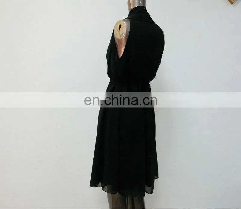 Pleated ladies sleeveless black chiffon open breast dress