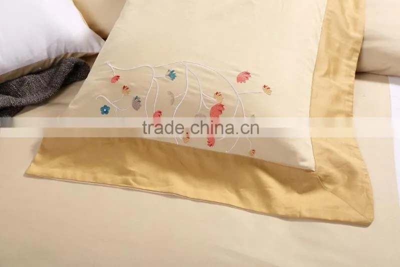 Classic golden 100% cotton hotel bedlinen flower embroidery bed sheet set 500TC wholesale bedding set