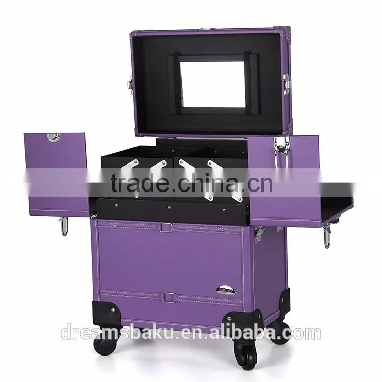 360 degree professional rolling wheels Trolley Makeup Case for travel cosmetic display case