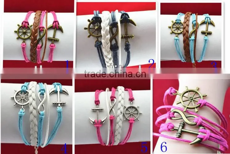 CB8172 pink wax rope anchor sliver leather bracelet wedding decoration
