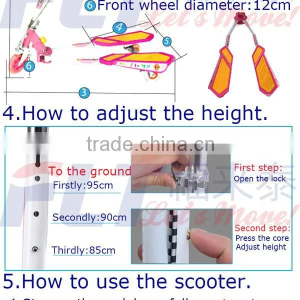2013 CE approved height-adjustable flicker 3 wheel frog scooter with handle brake