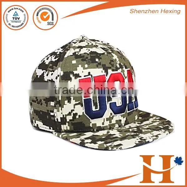 Custom Metal LOGO Camo Sanpback Cap, 3D Embroidery Camouflage Pattern Flat Brim Cap
