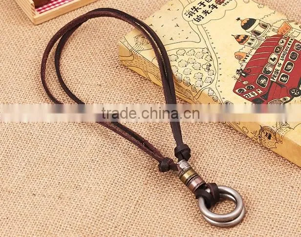 Original Genuine Brown Leather Cord Double Alloy Circle Pendant Punk Jewelry Men Necklace