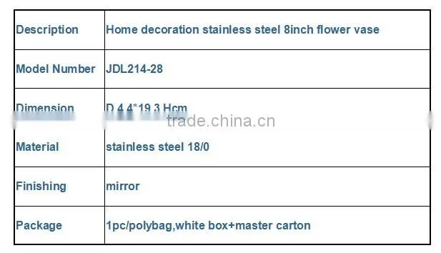 2016 New style home decoration stainless steel 7.5inch flower vase