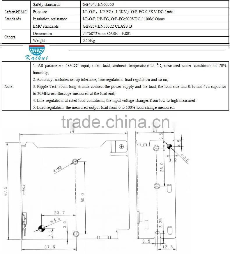 Single Output Type and 36~72VDC Input Voltage 48V to 12V DC Converter