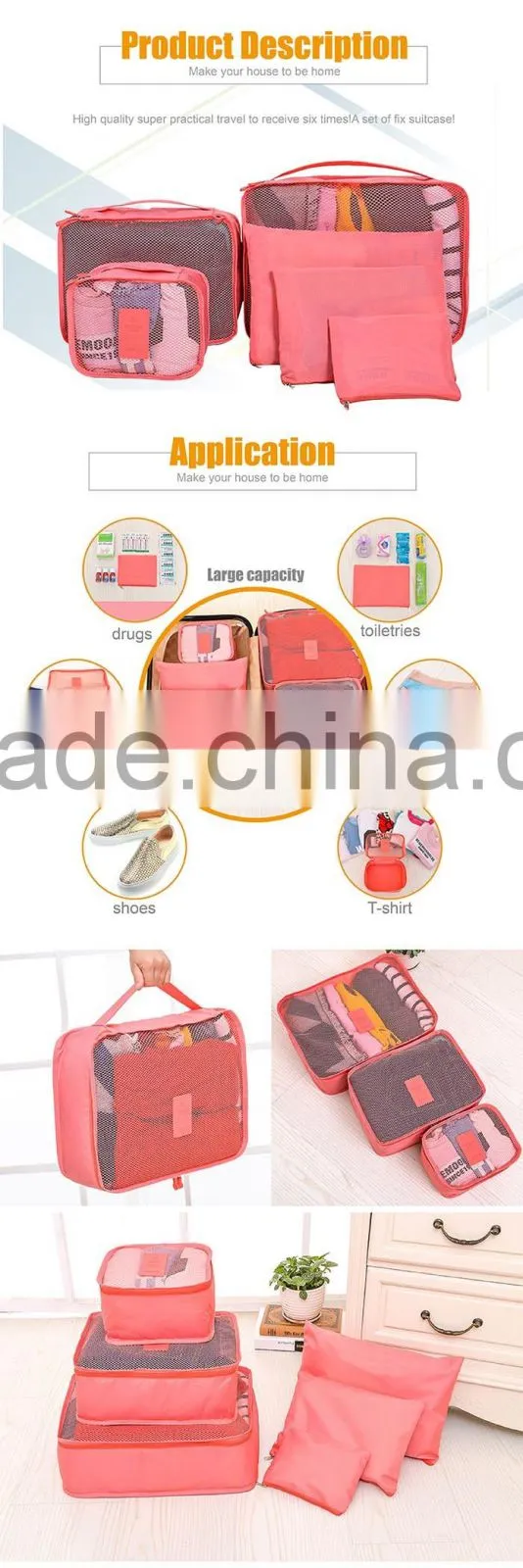 Breathable Polyster Zip Lock 6-PCS/Set Travel Packing Cubes for Luggage Organizer