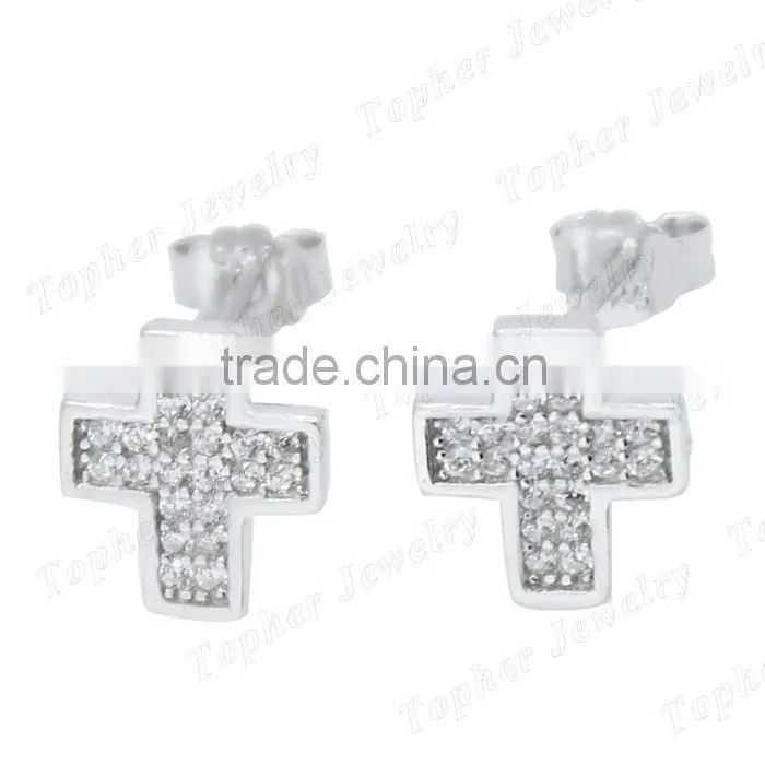 wholesale Micro pave silver cross earrings 925 silver zircon earrings jewelry