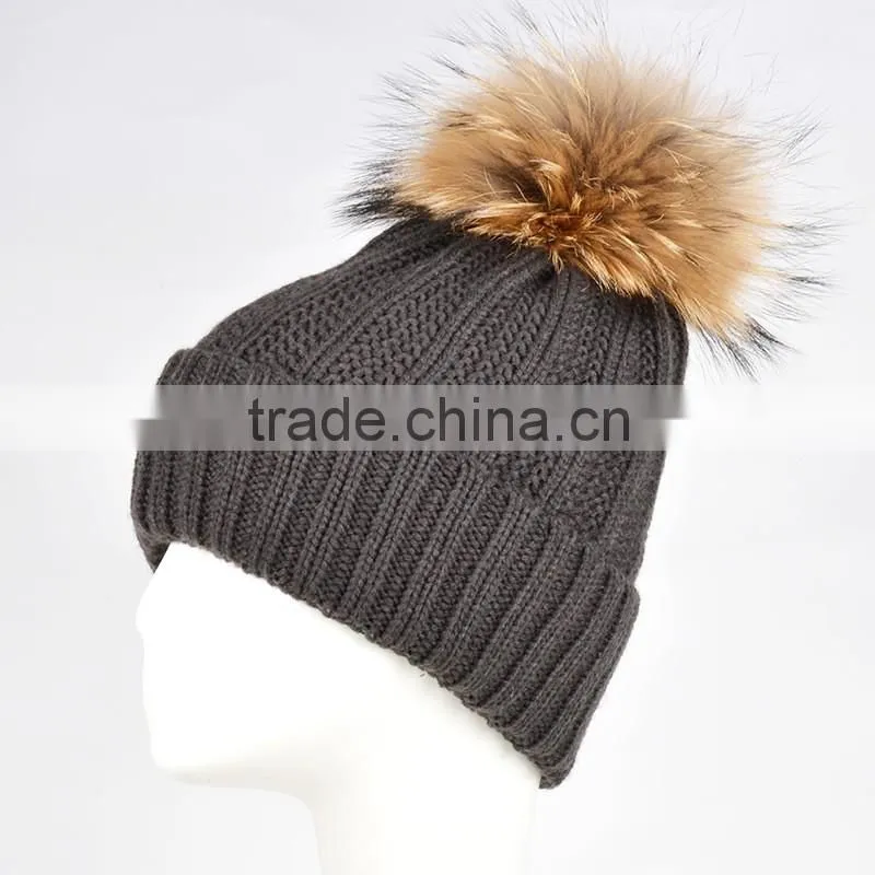Winter Women Raccoon Fur Pom Pom Bobble Knit Braided Hat