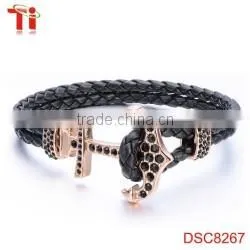 anchor bracelet genuine leather bracelet x power bracelet with black zircon stone