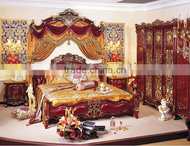 Antique Classic Red Color Solid Wood Wedding King Size Bed, Wedding Bedroom Furniture(MOQ=1 SET)