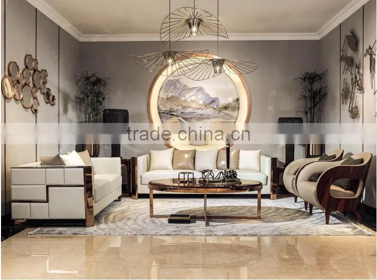 Special Design Italian Stainless Steel Sofa Set With Leather Upholstery, Metal Sofa Covered With Genuine Leather(MOQ=1 SET)