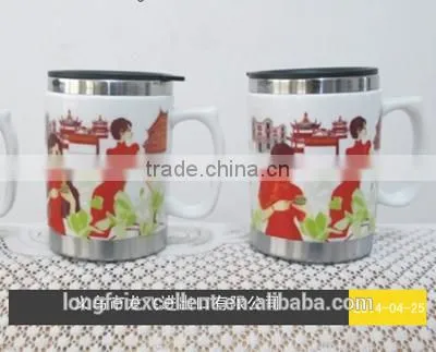 2014 durable double white ceramic cups mug with stainless inside yiwu China wholesale