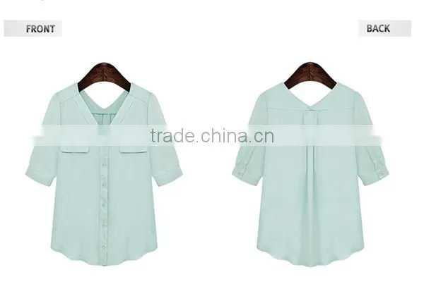 New design 2 colors choice V neck short sleeve Plus size women chiffon fabric shirt
