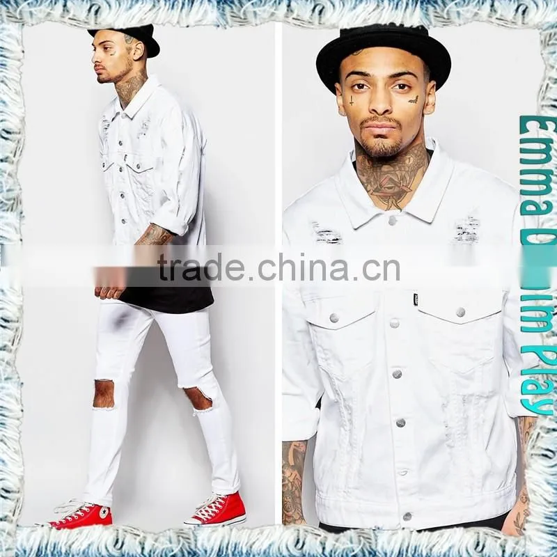 Street Design Soild White Denim Ripped Jackets for Mens