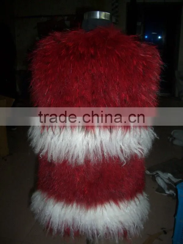 YR768 Top Quality Genuine Raccoon Knit with Tibet Lamb Fur Vest/ Red Fur Vest