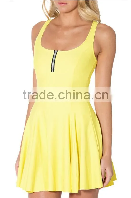 Women's One Piece Yellow Skater Dress zipper pleated dress wholesale