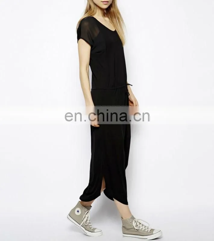 CHEFON Plain black maxi dress with Drawstring Waist