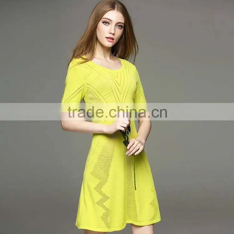 new arrival desgin for lady kintting hollow pattern round neck dress with half sleeves