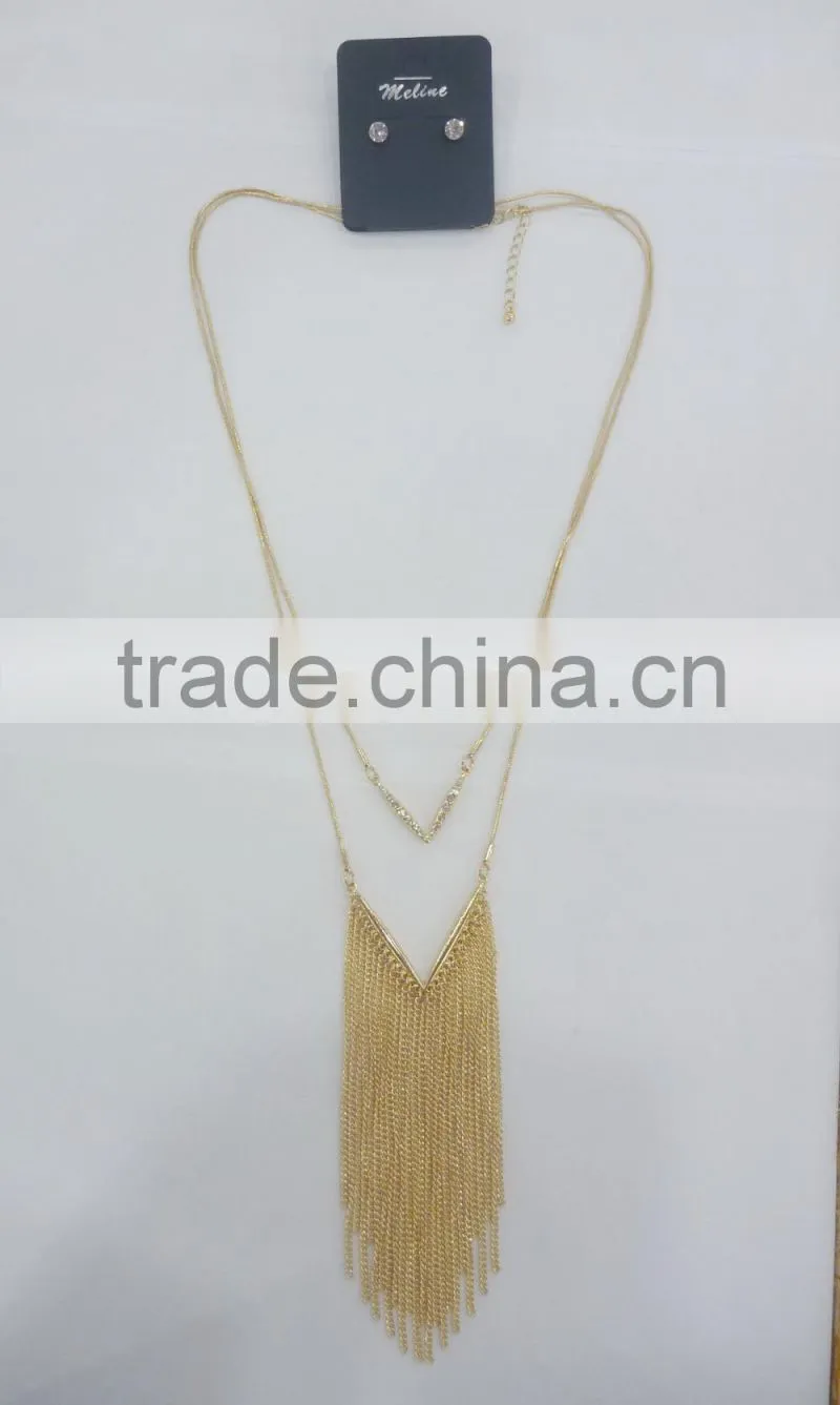 FASHION 2 LAYERED CHAIN TASSEL NECKLACE EARRING SET WITH CRYSTAL STONE