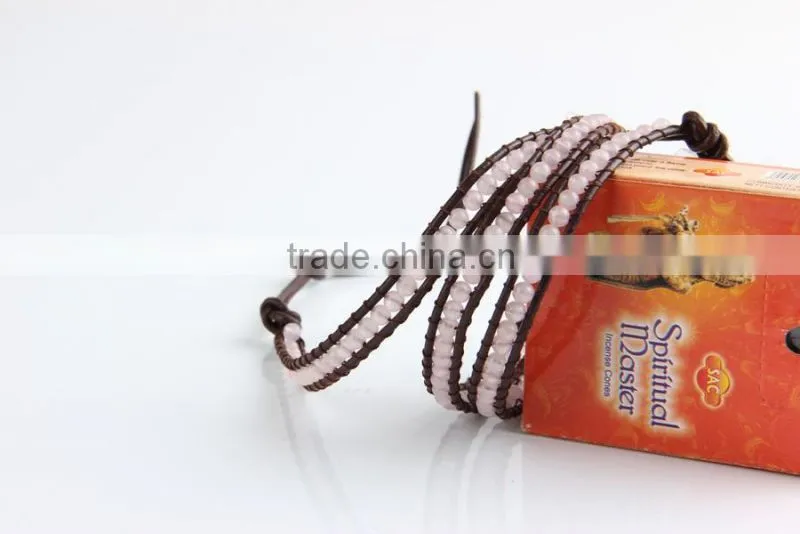 2016 Pink Bracelets Boho Style 4mm Clear Crystal Beaded Bracelets Fine Jewelry On Brown Leather Charm Jewelry