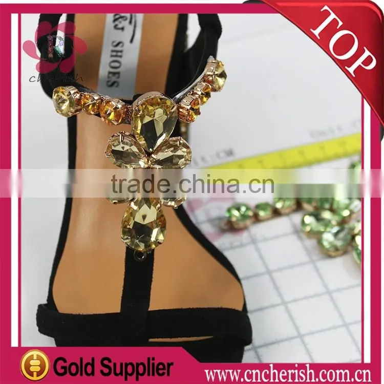 Hot sale green color glass stones crystals ladies sandals decorations accessories