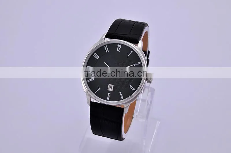 Mans business watch stainless steel case black genuine leather strap watch