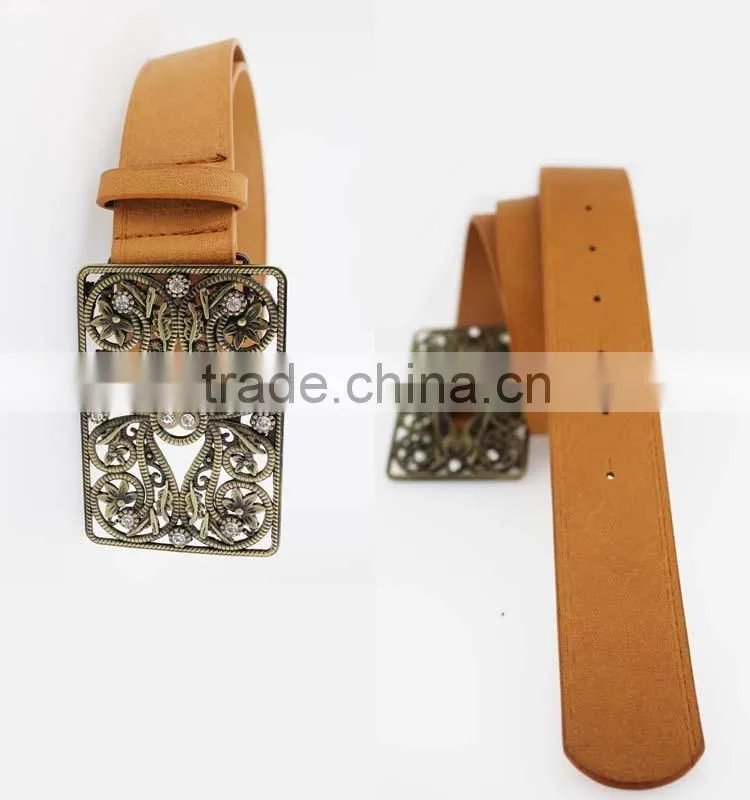 Hot sale Vintage Style women's fashion PU brand belt with shiny rhinestone square shape buckle