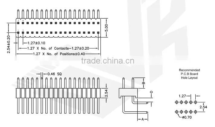 1.27*2.54mm Pitch Pin Header Dual Row Right Angle Dip Type